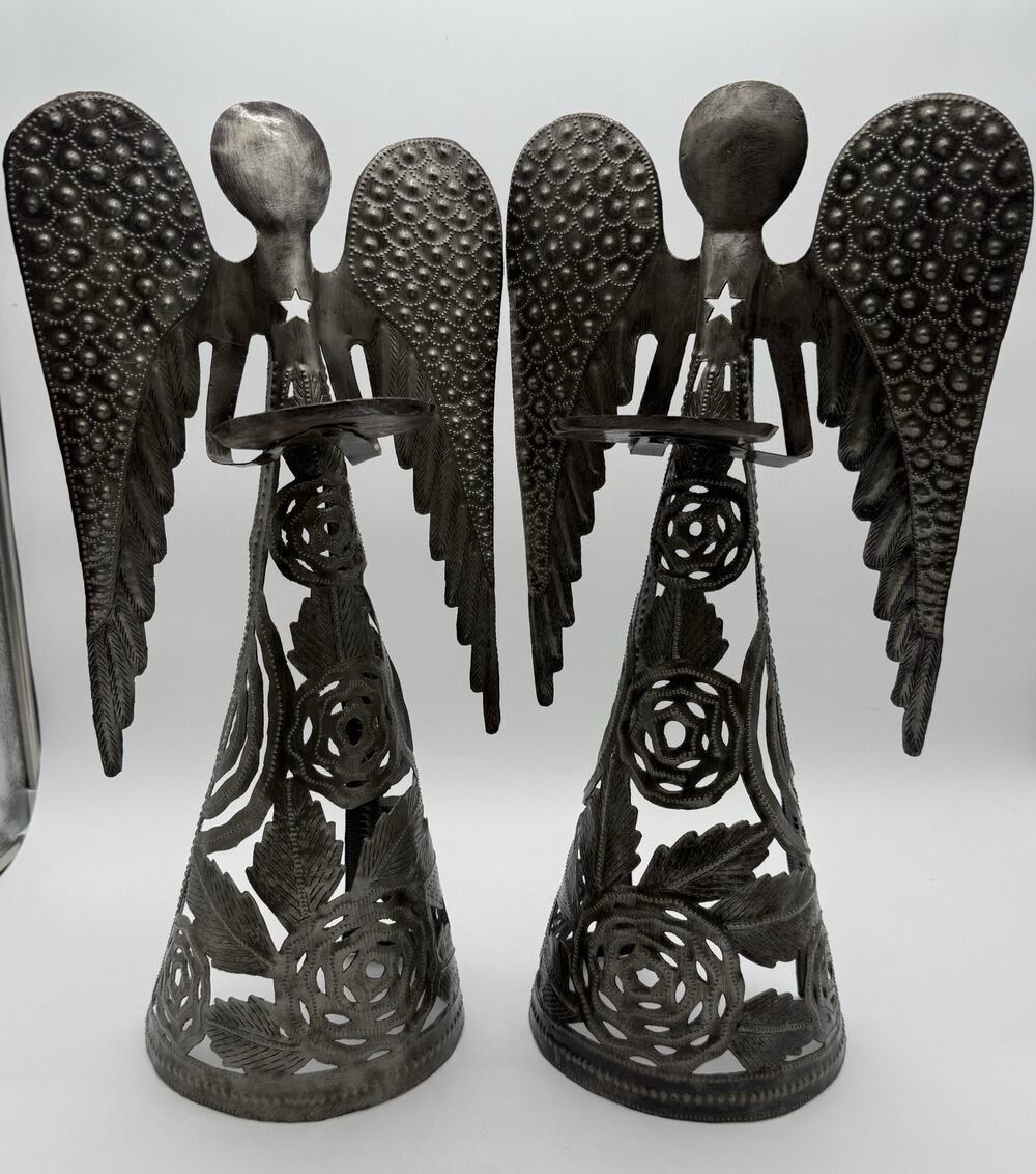 Haitian Metal Art Angel Candle Holder, Recycled Steel, Handmade Set Of Two